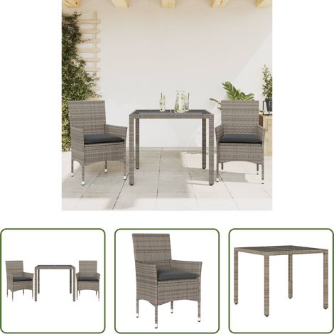 vidaXL Gartenstuhl - 3-tlg. Garten-Essgruppe mit Kissen Grau Poly Rattan und Glas (1/5)