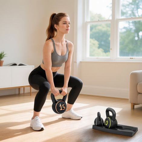Ensemble de 3 kettlebells (2,2 kg, 4,5 kg, 6,8 kg) en fonte, étui de rangement noir – idéal pour renforcement musculaire, HIIT et fitness à domicile (1/4)