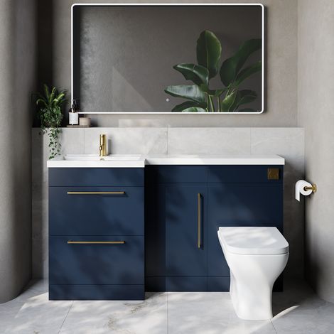 Napoli 390 Deep Blue 1500mm 2 Drawer Vanity Unit Toilet Suite with Left Hand Square Lucia Basin - 1500mm - Brushed Brass 320mm HandleWith Kingston Toilet Pan and Seat