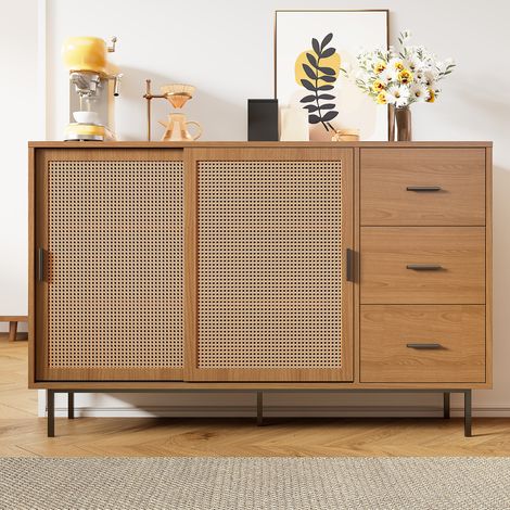 Aparador 140x37x91 cm con 2 puertas correderas y 3 cajones, de madera, natural (1/5)