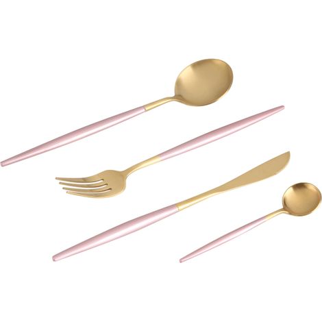 Ensemble de 4 pièces en acier inoxydable coloré (cuillère, fourchette, couteau) pour la maison, rose et doré (1/5)