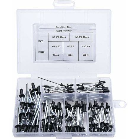 120 pezzi rivetti ciechi, rivetti ciechi in metallo, rivetti ciechi in alluminio, set di rivetti a testa tonda per metallo, legno, plastica, mobili (M2.4 / M3.0 / M3.2 / M4, nero), di DEBUNS (1/5)