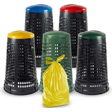 Set 5 Trespoli Bidone colorati+ 20 Sacchi Spazzatura Omaggio da Esterno 100 LT con Coperchio e Anello Fermasacco contenitore cestino in Plastica Traforata Anti Odore DIFFERENZIATA isola ecologica (1/5)