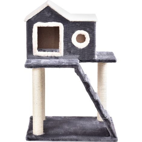 Costway Arbre à chat avec griffoir en sisal Maison de chat 2 niveaux avec entrées et rampe d’accès, 60x45x88cm, Gris (1/5)