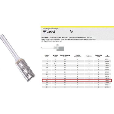 Klingspor 295569 Fresas de Metal Duro, HF 100 B, 6 Dentado, 6 mm Diámetro del Vástago, 9.6 mm x 19 mm x 64 mm