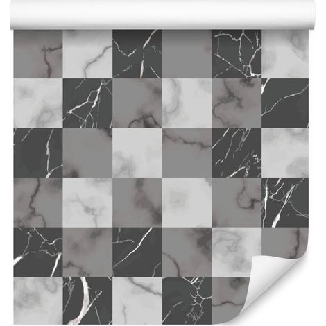 Carta da parati modernista con motivo a scacchi grigi effetto marmo, 50x1000 cm (1/5)