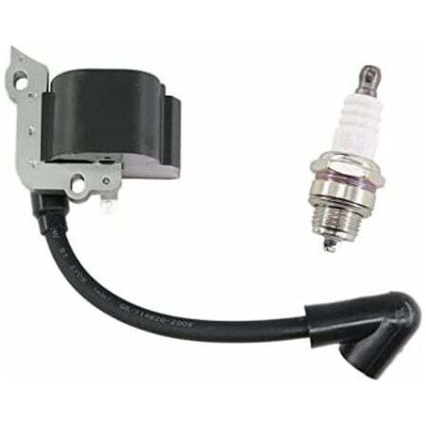 Ignition coil with spark plug for Stihl lawnmowers FS38, FS46, FS45, FS55, FC55, FC55Z, FC55-DZ, HL45, HL45Z, HL45-DZ, HS45, HS45Z, KM55, KM55RZ, KM55C, KM55R. Replaces part number 4140 400 1.