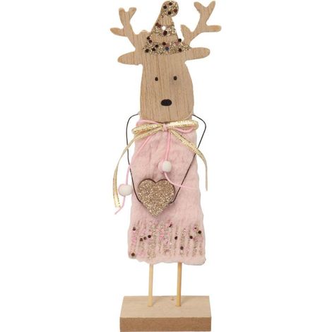 Figura de reno de madera con pelaje rosa, purpurina y lentejuelas, 22 x 6 x 4,5 cm. (1/2)