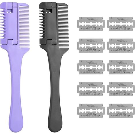 Lot de 2 peignes à effiler pour cheveux - Outil de coupe de cheveux double face - Avec 10 lames de rechange - Pour adultes et enfants (1/5)