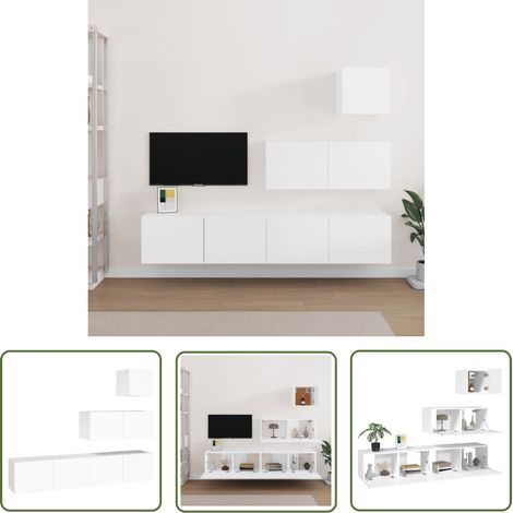 The Living Store 4-tlg. TV-Schrank-Set Weiß Holzwerkstoff - TV Schrank Set - Holzwerkstoff Möbel - Weißer TV Stand - Wohnwand Regal - Fernsehtisch (1/5)