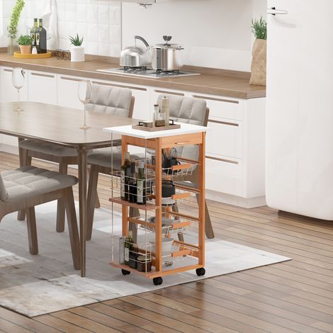Chariot de cuisine en bois brun économe d’espace - 1 tiroir et 4 paniers métalliques - boîte alimentaire avec 1 plan de travail - 47x37x83cm