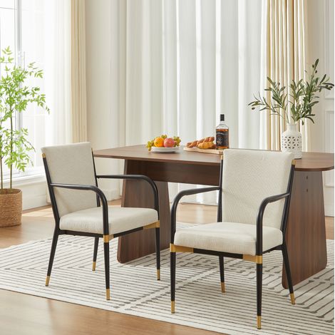 Sedie da sala da pranzo 2 pezzi con braccioli, tessuto beige, nero e oro HAVRYA (1/5)