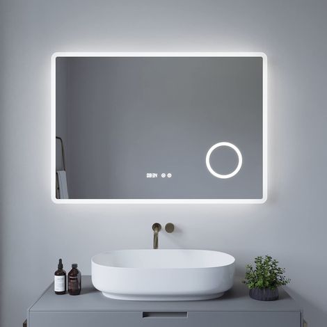 Badezimmerspiegel mit LED Beleuchtung und Uhr 100x70cm BORAS Typ D Kosmetikspiegel Digital Uhr Touch Sensor Dimmbar Antibeschlag Kaltweiß 6400K (1/5)