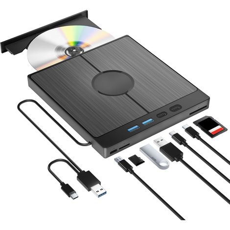 Grabadora de CD/DVD externa 7 en 1, USB 3.0 tipo C, grabadora de CD/DVD +/-RW, lector de tarjetas SD/TF, transmisión rápida y compacta, cable USB integrado para Windows 11/10/8/7/XP/Vista (1/5)
