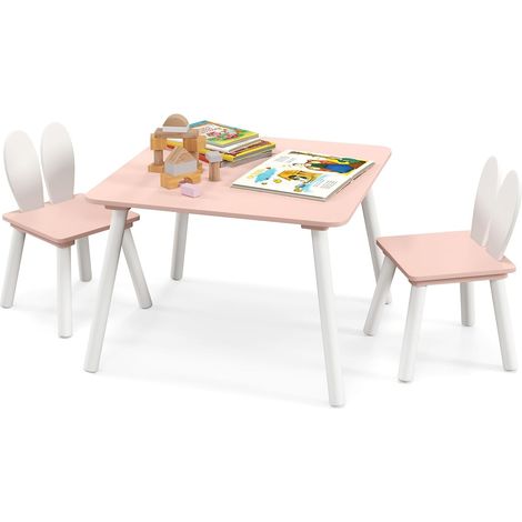 COSTWAY Juego de Mesa y Sillas Infantil, Mesa y 2 Sillas de Conejo, Patas de Madera y Estructura Que Salva Espacio, Set de Muebles Multifunción para Niños por Artesanía y para Comer (Rosa+Blanco) (1/5)