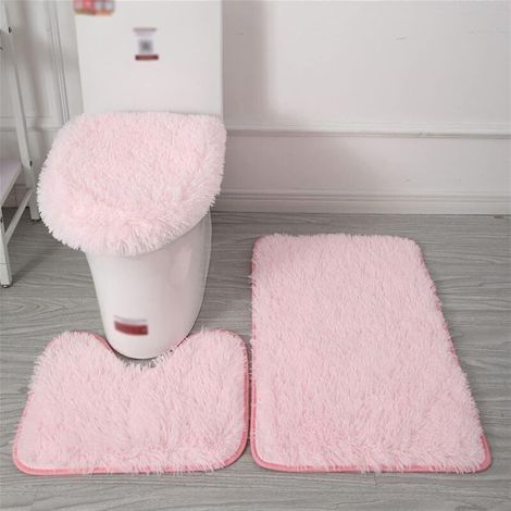 Ensemble de tapis de bain antidérapant rose, tapis de toilette contour en fourrure, housse de siège de toilette en fourrure