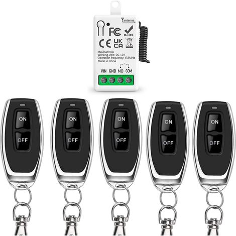 433Mhz Commutateur De Télécommande Sans Fil DC 12V 1 Canal Module Récepteur De Relais Avec 5 Émetteur, Contrôleur De Contact Sec Passif, Pour Interrupteur De Système De Porte De Garage, LED (1/5)