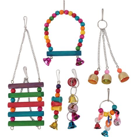 Set of colorful chewable bird toys, parrot climbing perch, swing, toys with bells for budgies, cockatiels, and lovebirds (1/5)