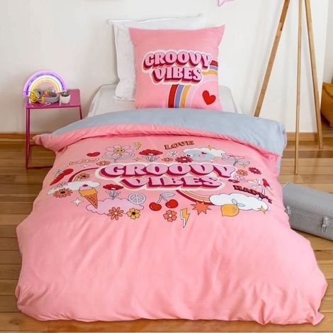 Parure de lit imprimée 140x200 cm - COTE DECO - Groovy Vibes - Microfibre - Housse de couette + Taie (1/4)