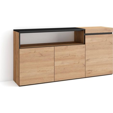 Skraut Home – Buffet moderne chêne et noir – Meuble de rangement 150x35x75cm – 3 portes – Commode pour salon et cuisine