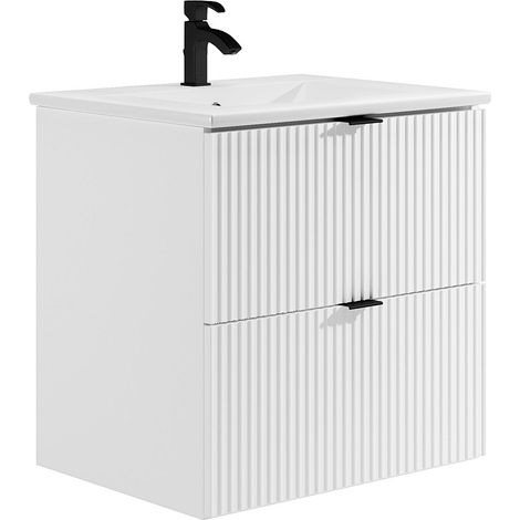 Mobile per bagno sospeso con scanalature e lavabo da incasso 60 cm Bianco opaco - ZEVINI (1/4)