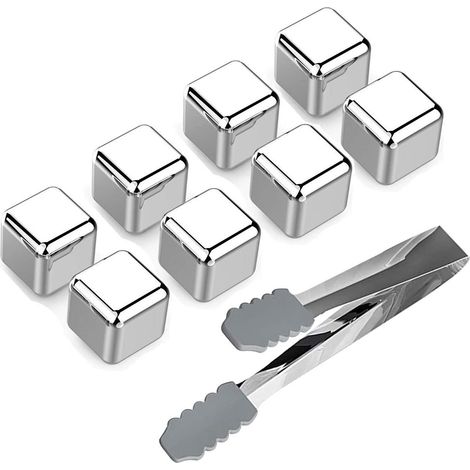 Set di 8 cubetti di ghiaccio in metallo riutilizzabili in acciaio inossidabile per whisky, con pinze e vassoio per la conservazione in freezer, ideali per refrigeratori di birra e vino.