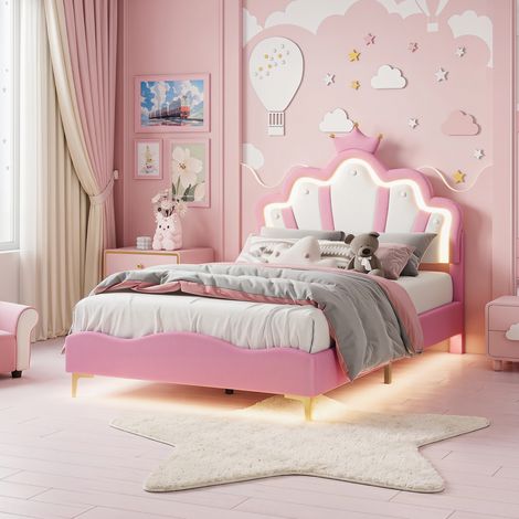Lit Enfant Rembourré 140x200 cm avec LED,Lit Princesse Couronne,Lit Filles,Lit Double 140x200 avec Tête de lit Réglable Hauteur,PU, Rose
