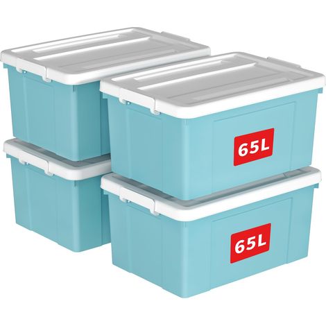 Boîte de Rangement, Bac de rangement avec Poignée, Plastique Organisateur avec Couvercle, Empilable, Transportable, pour Vêtements, Bureau, Chambre, Dortoirs, Bleu, 65L - Lot de 4 (1/5)