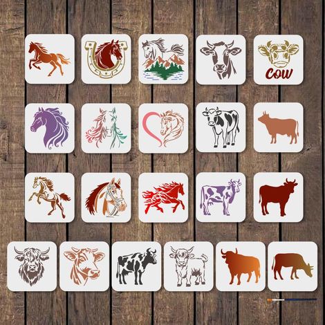 21 pcs Pochoirs Vache et Cheval Réutilisables Pochoirs Animaux de Ferme pour Peinture 15×15cm Modèle de Dessin Fer à Cheval avec Pinceau Petite Taille pour Mur Meuble Canvas Décoration (1/5)