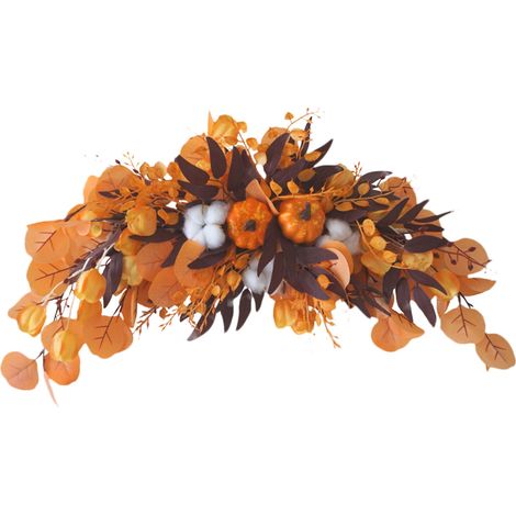 Künstliche Herbst-Türdekoration für Halloween und Thanksgiving mit Blumen vor der Tür und Kranz aus Filzpflanzen und Baumwollkürbissen [70 cm] – Wand- und Tischdekoration – 1 Kranz-Set (1/5)