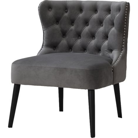 Sillón Tapizado sin Reposabrazos con Respaldo de Tachuelas Decorativas y Patas de Madera Maciza Terciopelo Gris (1/5)