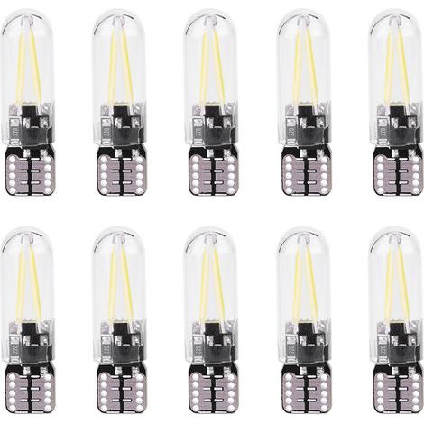 Ymiko Verre d'ampoule LED de voiture, 10pcs 12V W5W COB Filament lumière blanche pour plaque d'immatriculation lumière dôme lumière carte lumière diurne feu de position latéral feu de freinage(blanc). (1/5)