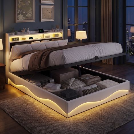 Lit coffre 160x200 cm - Sommier à lattes avec tête de lit rangement led et port usb - Cadre rembourré velours moderne - Beige (1/5)
