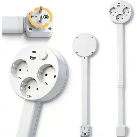 Multiprise Extensible 3 Prises AC avec USB A Type C Rotation 360 Tige Réglable 47 a 67cm Installation Murale sans Outil (1/5)