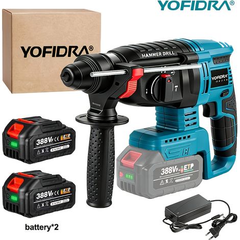 Perceuse à Percussion Électrique 26mm – Rotative 180° avec Mandrin Métallique. 4 Vitesses pour Béton et Acier. Compatible Batteries (Version améliorée - 2 batteries).
