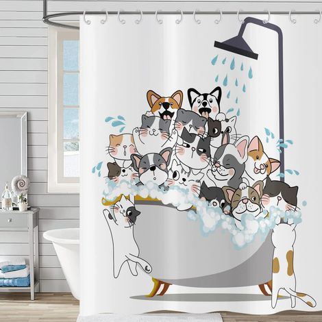 Rideau de Douche Drôle 180x180, Animal de Bande Dessinée Chat et Chien Enfants, Coloré Adorable Hilarant Animaux de Bain, Imperméable Polyester Tissu