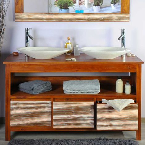 Ensemble meuble salle de bain 140 cm en teck – Miroir 130 x 85 cm – 2 portes et étagère ouverte – Vasques ovales en Terrazzo blanc (1/5)