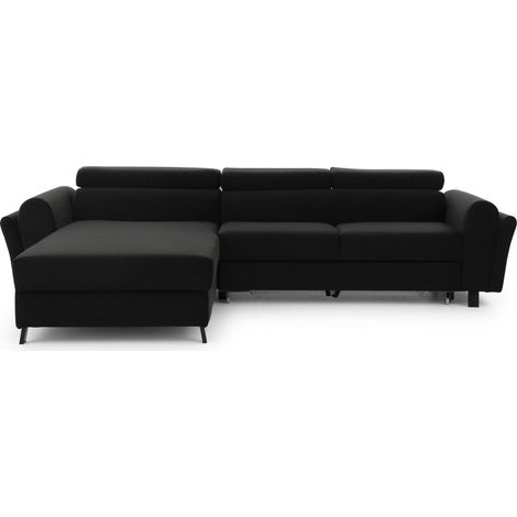 Canapé d’angle convertible MAZALI tissu- Appuis-tête réglables et rangement-Noir-Méridienne A gauche (1/5)