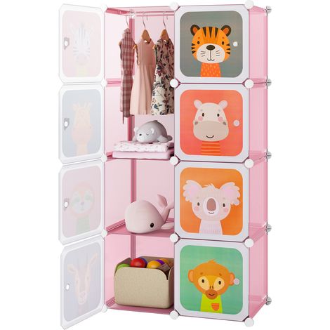 8-Cube Kids Wardrobe Closet with Clothes Hanging Section and Doors-Pink (1/5)