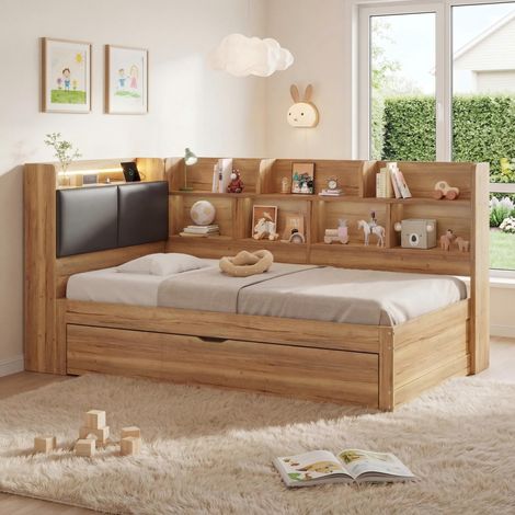 Lit enfant rangement 90x200 cm éclairage LED port USB lit gigogne 90x190 cm banquette-lit angle bois coloris naturel (sans Matelas)