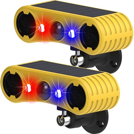 Lot de 2 alarmes solaires extérieures avec détecteur de mouvement, 13 sons et 4 modes, lumière stroboscopique rouge et bleue activée par le mouvement (1/5)