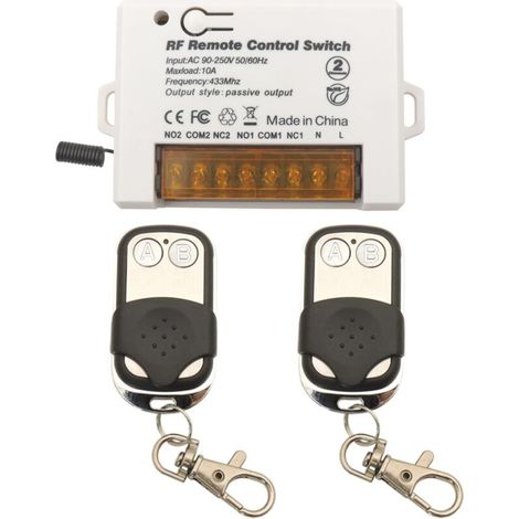 Commutateur de télécommande de relais sans fil 2 canaux 433Mhz RF AC 220V 230V 10A Récepteur de relais avec 2 Porte-clés émetteurs, grosse borne de câblage câblage facile (1/5)