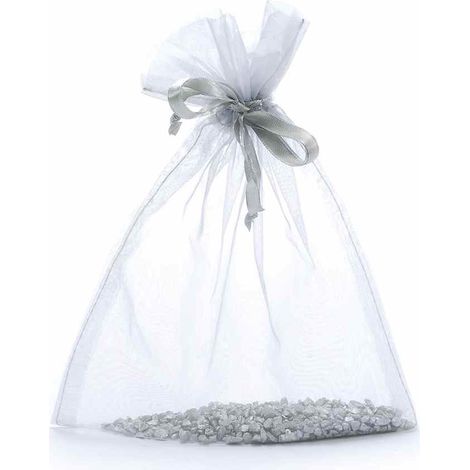 Sacchetto in organza argento con coulisse di chiusura in raso ideale per confezionare articoli, set da 50 pezzi, cm 17 x 22 H (al tirante17)
