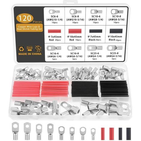 120 Pièces Cosses à Sertir 6/10/16/25mm², 8 Tailles M6 M8, Cosses Batterie Électriques en Cuivre avec Gaines Thermorétractables (1/4)