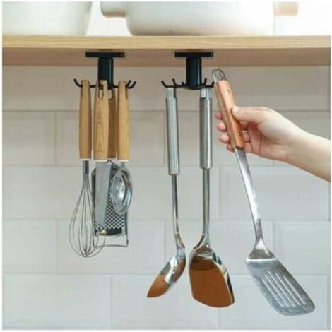Rotatif à 360 ° Porte Ustensiles Cuisine,6 Crochets sous Armoire Support Ustensiles Cuisine,sans Percer Crochets de Rangement Organiseur Rack pour Salle de Cuisine/Bains