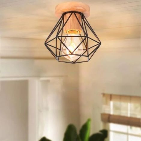 U-Do Plafonnier Créatif Lampe Cage en Fer Bois E27 Lustre de Plafonde Luminaire design Vintage pour Salon Cuisine Bureau (1/4)