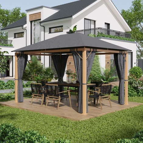 Tonnelle de jardin rectangulaire avec rideaux et toile de toit en polyester 4 x 3 m - structure en aluminium