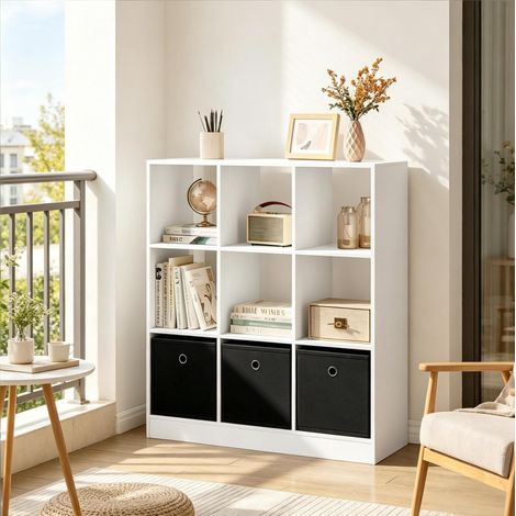 Libreria a cubi 9 vani con 3 cassetti in tessuto, 80 x 86,5 x 30 cm, bianca e nera OKWISH (1/5)