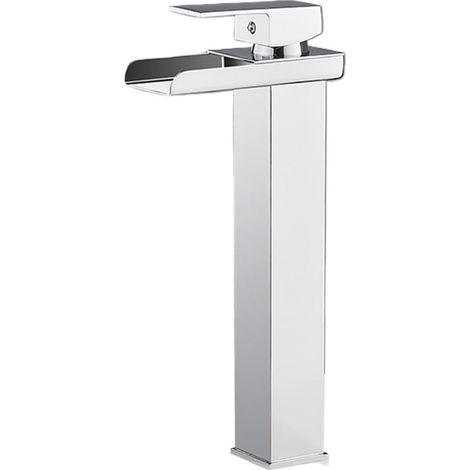 Robinet de lavabo cascade, mitigeur de lavabo à poignée unique, eau chaude et froide (chrome, long) (1/5)