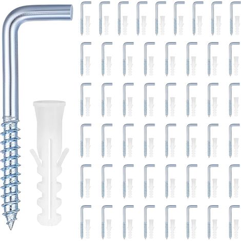 50 crochets à vis galvanisés très résistants + Tubes d'expansion pour usage domestique,Crochet métallique bleu à angle droit, Anticorrosion et Durables,Peut être accroché à la au travail et au bureau. (1/5)